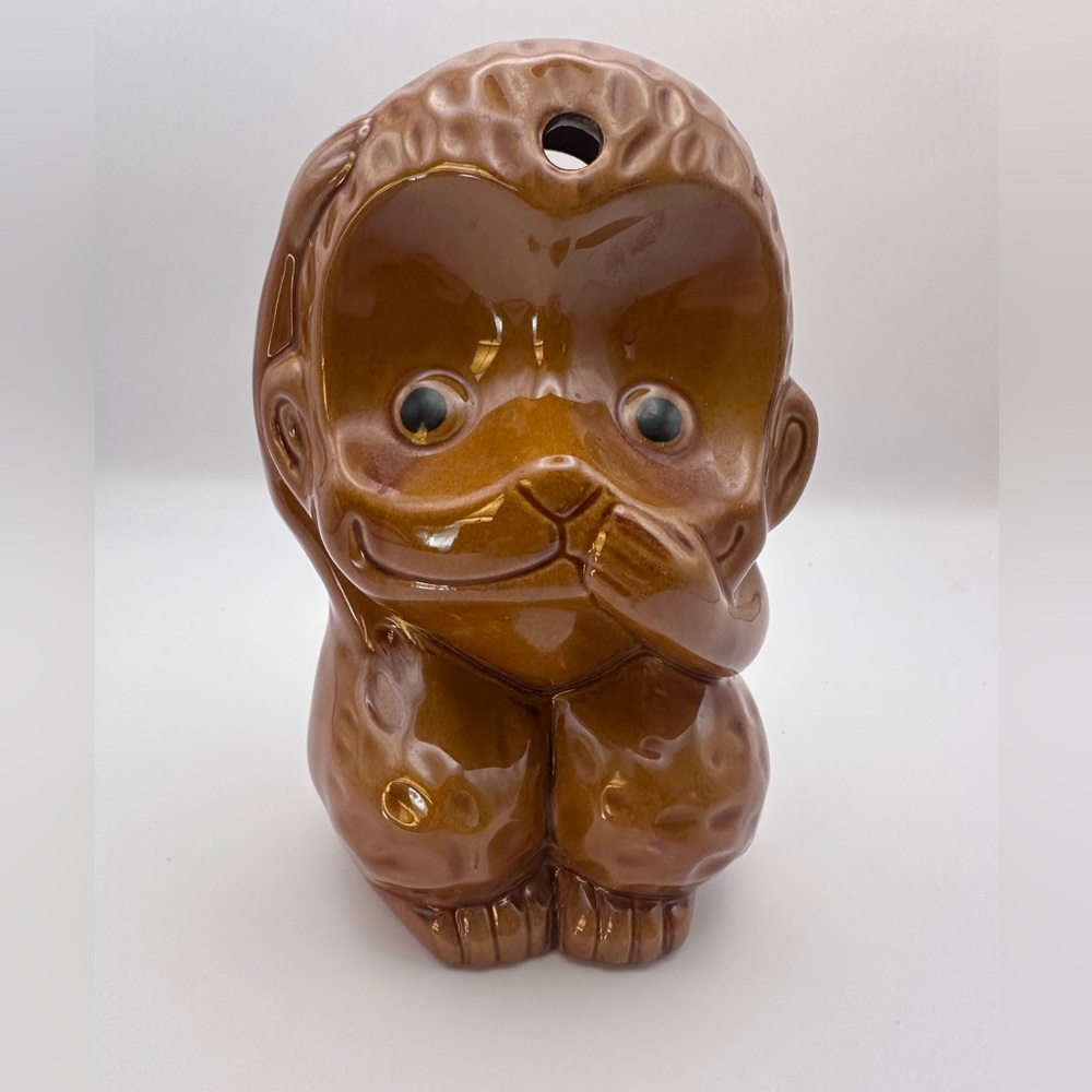 Vintage Monkey Tiki Mug, Brown Ceramic, Straw Hole - Speak No Evil Style